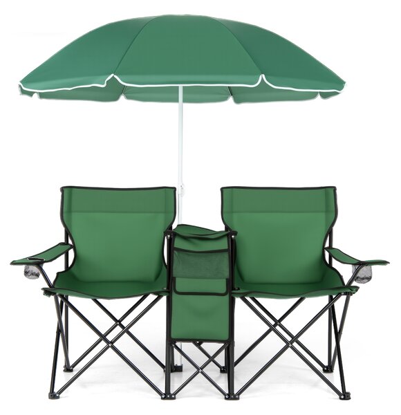 Costway Sedia da picnic in acciaio portatile e pieghevole, Sedia da picnic con ombrellone mini tavolo porta bevande Verde