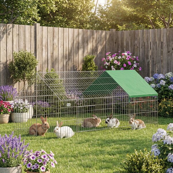 PawHut Gabbia per Conigli e Galline da Esterno e Interno con Protezione Parasole e Griglia Metallica, per Animali Piccoli, Anatre, Galline, 180x75x75 cm, Verde | Aosom Italy