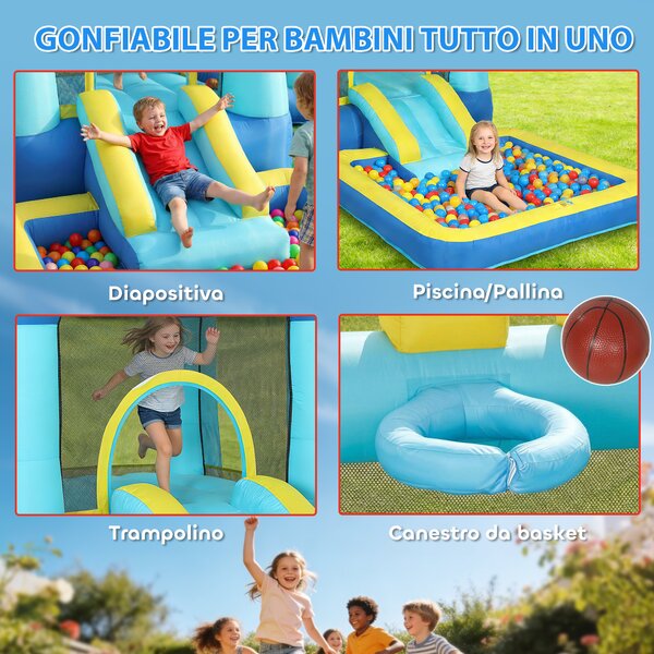 AIYAPLAY Castello Gonfiabile per Bambini 4 in 1, Scivolo, Trampolino, Piscina Palline/Acqua, Canestro, 3-8 Anni, Blu | Aosom Italy