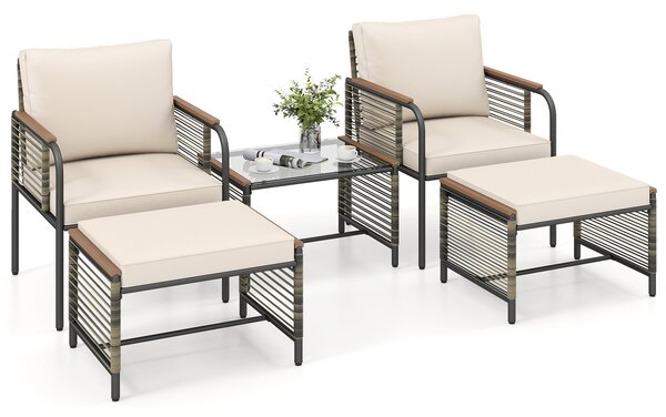 Costway Tavolino set conversazione esterno 5 pezzi cuscini rattan 2 pouf vetro temperato, Tavolino mobili esterno balcone veranda terrazza giardino Bianco