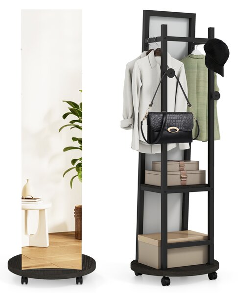 Costway Appendiabiti specchio figura intera autoportante 3 ganci ripiani stoccaggio, Appendiabiti specchio terra ruote camera letto ingresso Nero