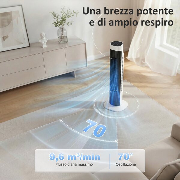 HOMCOM Ventilatore a Torre da Pavimento, Oscillante 70°, 80 cm, Bianco e Nero | Aosom Italy