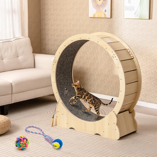 Costway Ruota esercizio gatti interno meccanismo blocco corsa moquette rimovibile, Ruota allenamento legno rumore ultra basso 101 cm