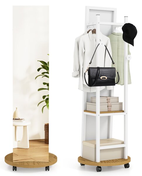Costway Appendiabiti specchio figura intera autoportante 3 ganci ripiani stoccaggio, Appendiabiti specchio terra ruote camera letto ingresso Bianco