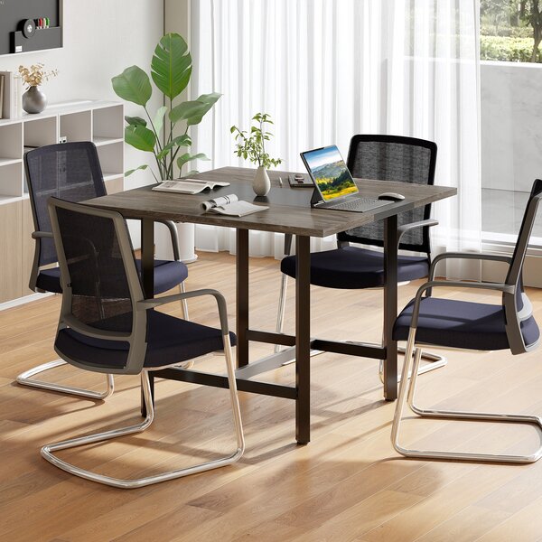 Costway Tavolo conferenza 100cm quadrato piano rinforzato metallica robusta, Tavolo industriale riunioni 4 persone ufficio sala riunioni Grigio