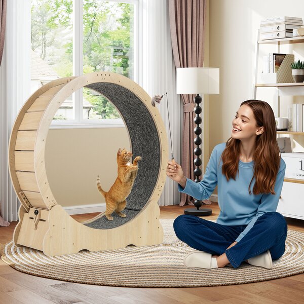 Costway Ruota esercizio gatti interno meccanismo blocco corsa moquette rimovibile, Ruota allenamento legno rumore ultra basso 101 cm