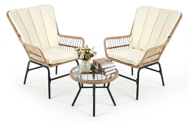 Costway Set bistro esterno 3 pezzi cuscini tavolino vetro temperato, Set conversazione sedie esterne veranda balcone terrazza