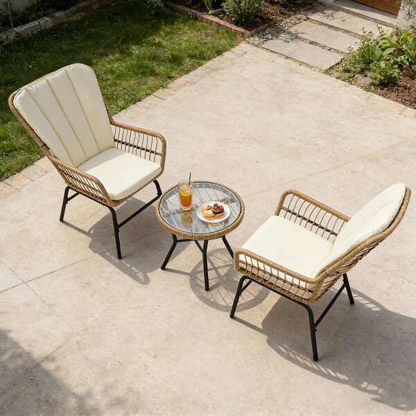 Costway Set bistro esterno 3 pezzi cuscini tavolino vetro temperato, Set conversazione sedie esterne veranda balcone terrazza
