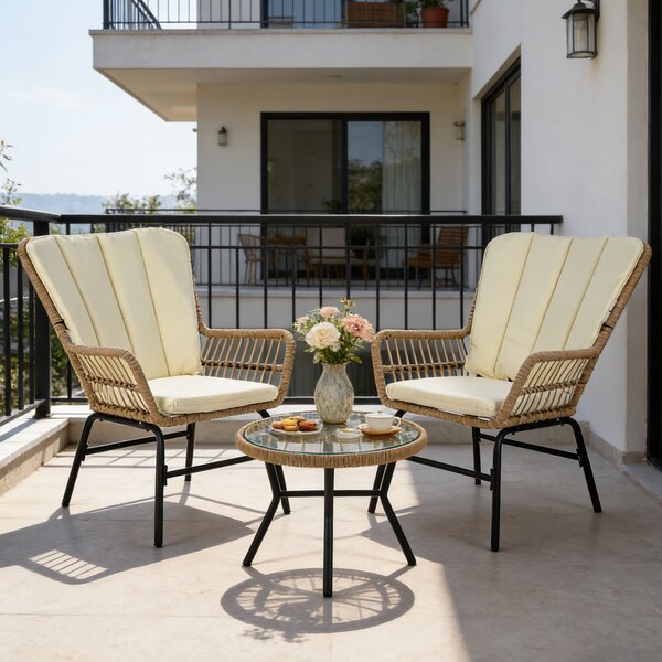 Costway Set bistro esterno 3 pezzi cuscini tavolino vetro temperato, Set conversazione sedie esterne veranda balcone terrazza