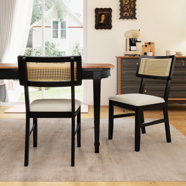 Costway Set sedie pranzo 2 rattan imbottite tessuto rivestimento legno, Set sedie cucina schienale curvo soggiorno sala pranzo ristorante