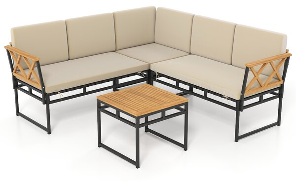 Costway Set divano esterno angolare 4 pezzi conversazione L cuscini, Set sedie tavolino caffè legno acacia esterno Bianco