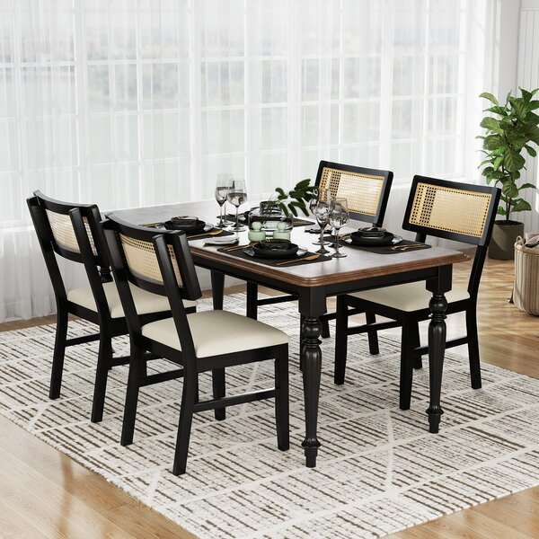 Costway Set sedie pranzo 2 rattan imbottite tessuto rivestimento legno, Set sedie cucina schienale curvo soggiorno sala pranzo ristorante