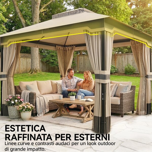 Outsunny Gazebo 3x3.6m con Zanzariera, Tende, Tetto Doppio Strato, Cachi | Aosom Italy