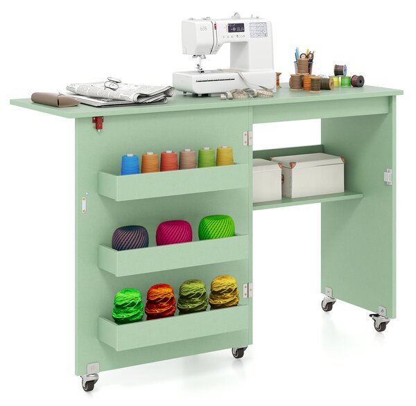 Costway Carrello per artigianato con ripiano e contenitori per camera da letto, Tavolo da cucito pieghevole con stazione di ricarica Verde