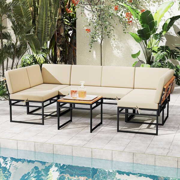 Costway Set divano esterno 6 pezzi metallo cuscini corda bungee, Set poltrone tavolino legno acacia veranda giardino Bianco