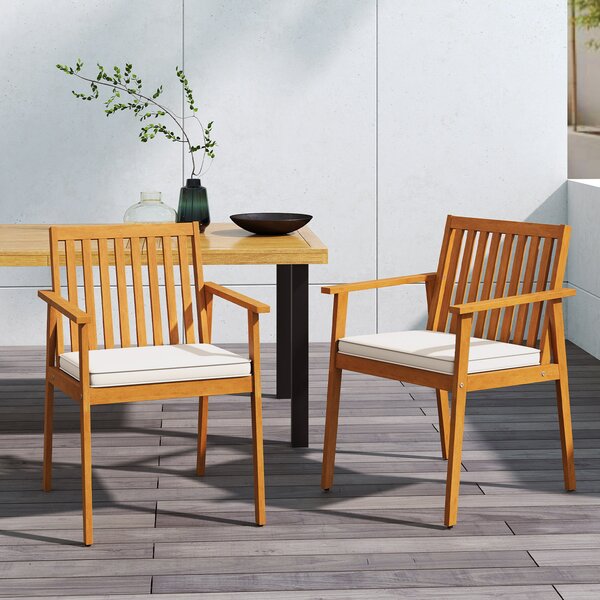 Costway Set sedie pranzo patio 2 acacia legno cuscino imbottito, Set sedie esterne braccioli 180kg portata rimovibile Marrone