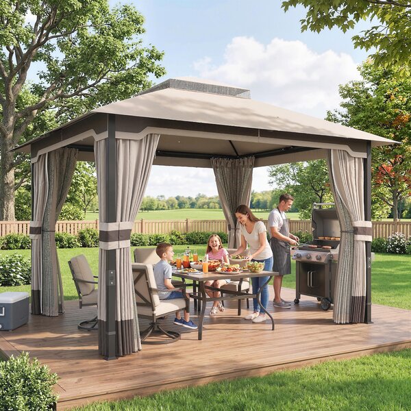 Outsunny Gazebo 3x3.6m con Zanzariera, Tende, Tetto Doppio Strato, Cachi | Aosom Italy