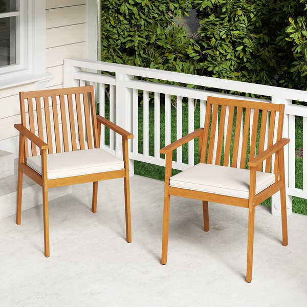 Costway Set sedie pranzo patio 2 acacia legno cuscino imbottito, Set sedie esterne braccioli 180kg portata rimovibile Marrone