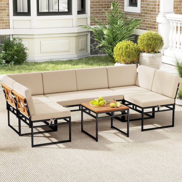 Costway Set divano esterno 6 pezzi metallo cuscini corda bungee, Set poltrone tavolino legno acacia veranda giardino Bianco