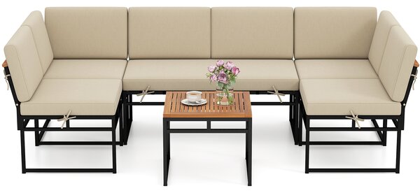 Costway Set divano esterno 6 pezzi metallo cuscini corda bungee, Set poltrone tavolino legno acacia veranda giardino Bianco