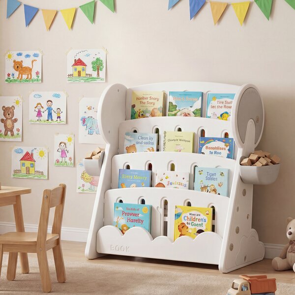Costway Libreria bambini 4 ripiani scaffale libri 2 scatole stoccaggio ripiano inferiore reversibile, Organizzatore libri convertibile stanza giochi camera letto aula