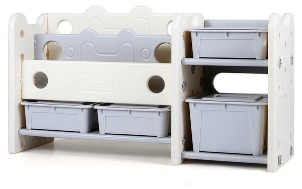Costway Libreria bambini 2 in 1 a 2 piani 4 scatole portaoggetti 3 ripiani, Organizzatore giocattoli libri tema gatto camera letto soggiorno scuola materna