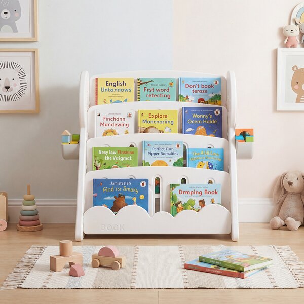 Costway Libreria bambini 4 ripiani scaffale libri 2 scatole stoccaggio ripiano inferiore reversibile, Organizzatore libri convertibile stanza giochi camera letto aula