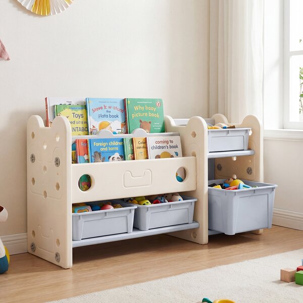 Costway Libreria bambini 2 in 1 a 2 piani 4 scatole portaoggetti 3 ripiani, Organizzatore giocattoli libri tema gatto camera letto soggiorno scuola materna