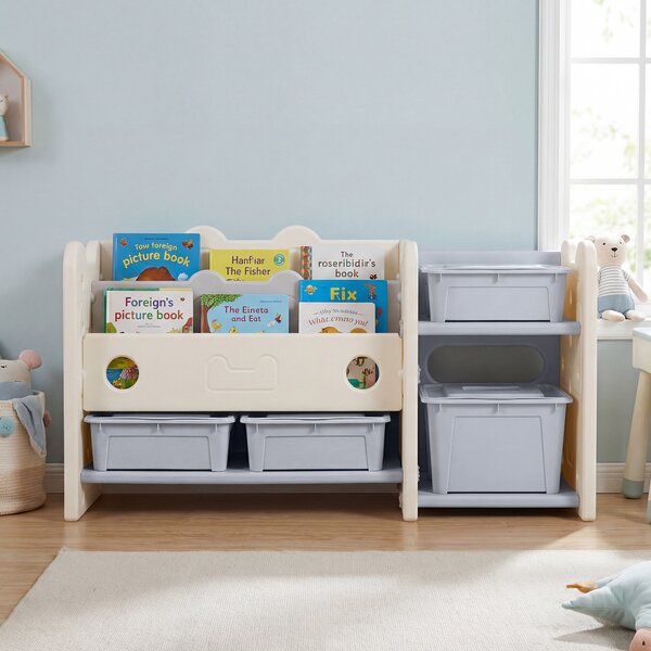 Costway Libreria bambini 2 in 1 a 2 piani 4 scatole portaoggetti 3 ripiani, Organizzatore giocattoli libri tema gatto camera letto soggiorno scuola materna