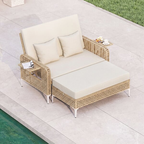 Costway Set divano letto patio 2 pezzi rattan pe pouf contenitore, Set schienale regolabile tavoli retrattili cuscini morbidi Bianco