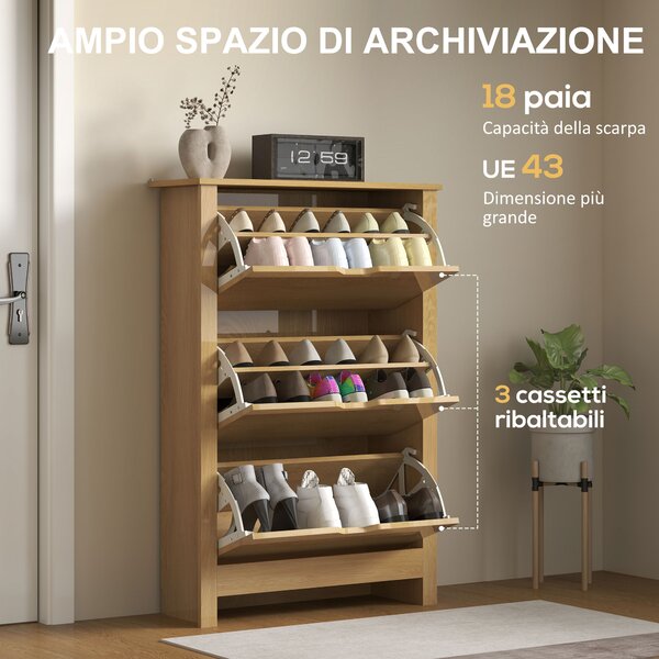 HOMCOM Scarpiera Slim per 18 Paia di Scarpe, 3 Cassetti con 2 Ripiani Regolabili e Rimovibili, 72x26x112 cm, Naturale | Aosom Italy