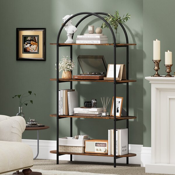 Costway Libreria forma arco 4 ripiani industriale aperta struttura metallica robusta, Organizzatore espositivo autoportante soggiorno ufficio camera letto