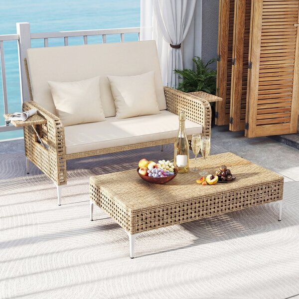 Costway Set divano letto patio 2 pezzi rattan pe pouf contenitore, Set schienale regolabile tavoli retrattili cuscini morbidi Bianco
