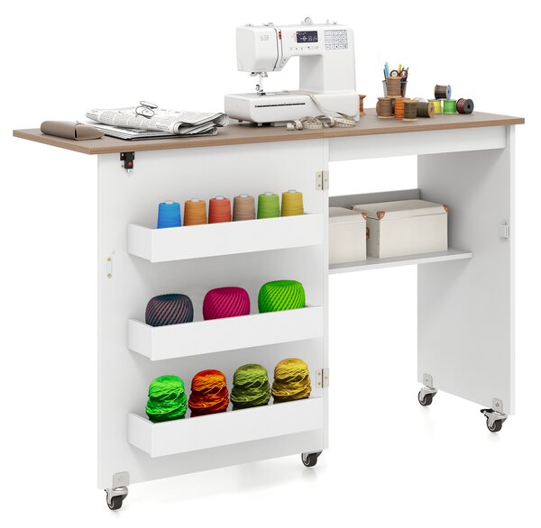 Costway Carrello per artigianato con ripiano e contenitori per camera da letto, Tavolo da cucito pieghevole con stazione di ricarica Colorato
