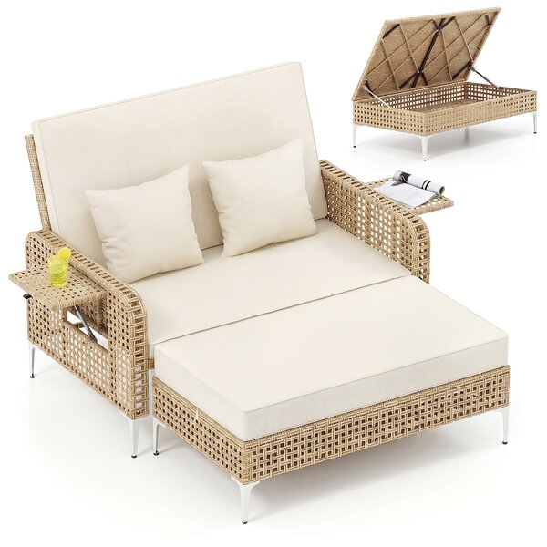Costway Set divano letto patio 2 pezzi rattan pe pouf contenitore, Set schienale regolabile tavoli retrattili cuscini morbidi Bianco