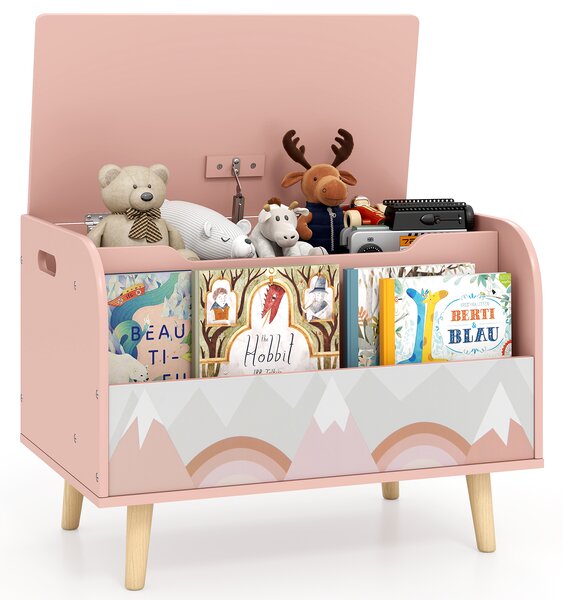 Costway Scatola giocattoli legno bambini libreria frontale 4 gambe legno massello coperchio ribaltabile, Cassapanca organizer sala giochi asilo Rosa