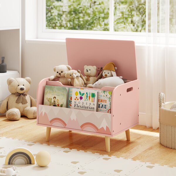Costway Scatola giocattoli legno bambini libreria frontale 4 gambe legno massello coperchio ribaltabile, Cassapanca organizer sala giochi asilo Rosa