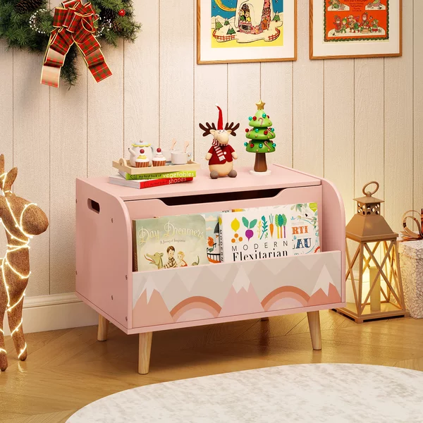 Costway Scatola giocattoli legno bambini libreria frontale 4 gambe legno massello coperchio ribaltabile, Cassapanca organizer sala giochi asilo Rosa