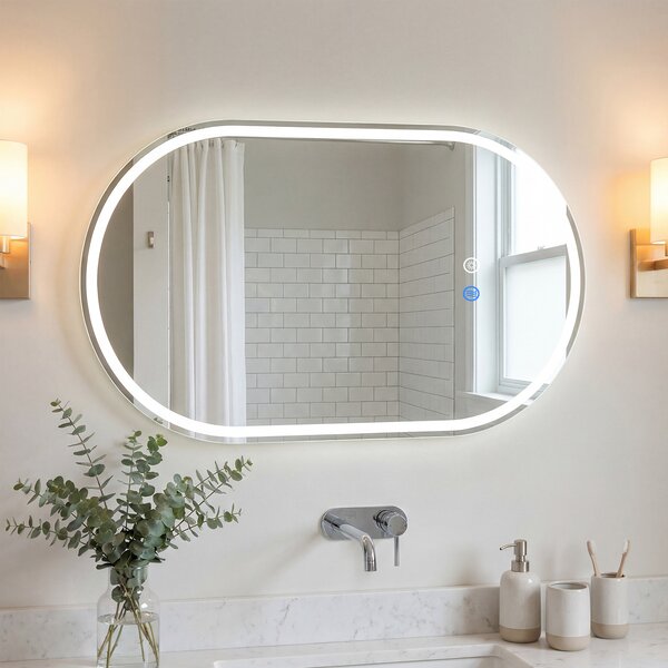 Costway Specchio illuminato bagno infrangibile temperatura colore regolabile 3 modalità, Specchio anti-appannamento vetro temperato 90 x 55 cm