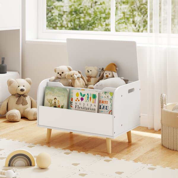 Costway Scatola giocattoli legno bambini libreria frontale 4 gambe legno massello coperchio ribaltabile, Cassapanca organizer sala giochi asilo Bianco