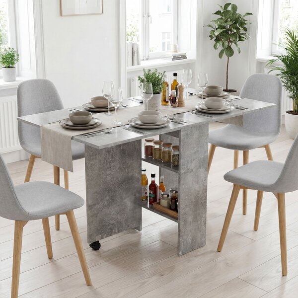 Tavolo da Pranzo Pieghevole 140x80x74 cm con Ripiani Ribalta e Ruote in Melamina Grigio Cemento