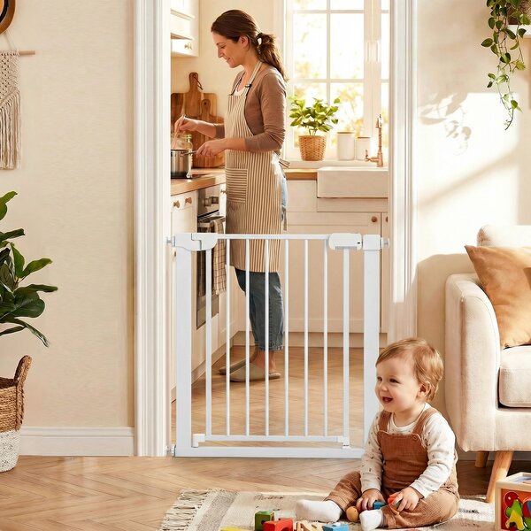 Costway Cancello sicurezza bambini per scale montaggio a pressione, Chiusura automatica funzionamento una mano senza forare Bianco