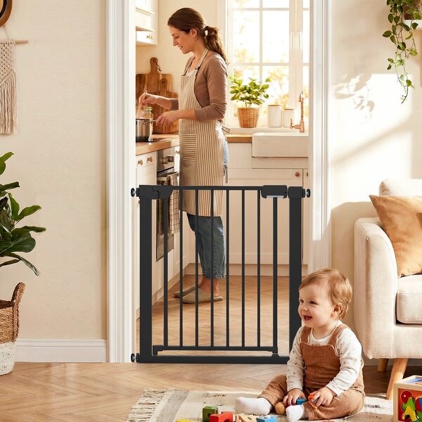 Costway Cancello sicurezza bambini per scale montaggio a pressione, Chiusura automatica funzionamento una mano senza forare Nero
