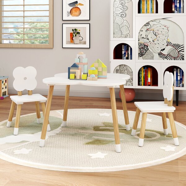 Costway Set tavolo bambini forma fiore tavolo gioco legno 2 sedie gambe pino solido, Tavolo multifunzionale 3+ anni arte studio