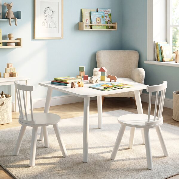 Costway Set tavolo e 2 sedie per bambini con gambe in legno massello, Tavolo attività per gioco arte lavori manuali Bianco