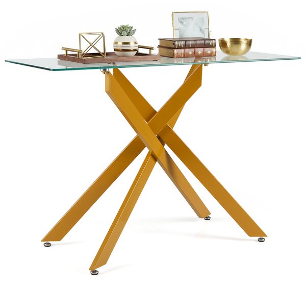 Costway Tavolino consolle in vetro piano temperato trasparente gambe tubolari metalliche, Tavolo moderno 115 cm divano soggiorno corridoio ingresso Oro