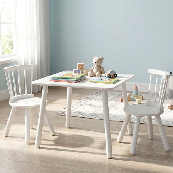 Costway Set tavolo e 2 sedie per bambini con gambe in legno massello, Tavolo attività per gioco arte lavori manuali Bianco