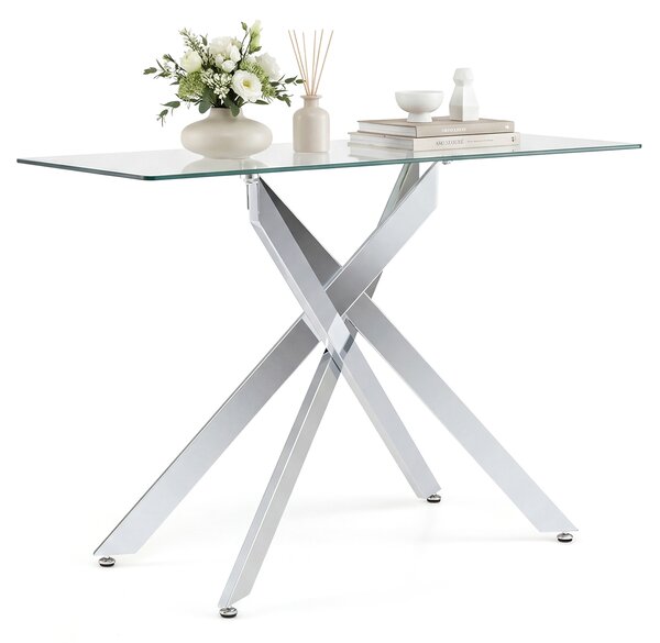 Costway Tavolino consolle in vetro piano temperato trasparente gambe tubolari metalliche, Tavolo moderno 115 cm divano soggiorno corridoio ingresso Argento