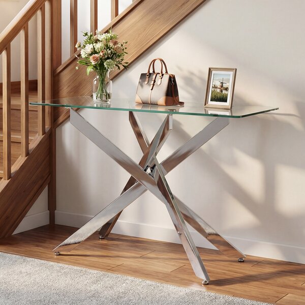 Costway Tavolino consolle in vetro piano temperato trasparente gambe tubolari metalliche, Tavolo moderno 115 cm divano soggiorno corridoio ingresso Argento