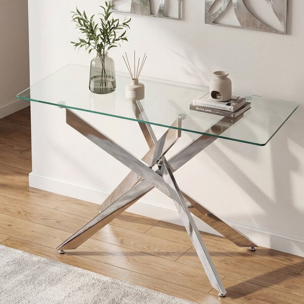 Costway Tavolino consolle in vetro piano temperato trasparente gambe tubolari metalliche, Tavolo moderno 115 cm divano soggiorno corridoio ingresso Argento